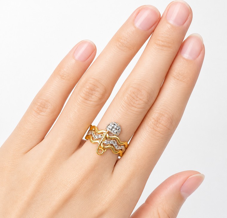 Merchant9 Cincin Emas CELESTE EMBRACE Wave Diamond Cut 3 Layer